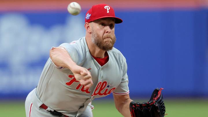 Jun 26, 2026; New York City, New York, USA; Philadelphia Phillies starting pitcher Zack Wheeler (45) pitches against the New York Mets during the third inning at Citi Field. Mandatory Credit: Brad Penner-Imagn Images