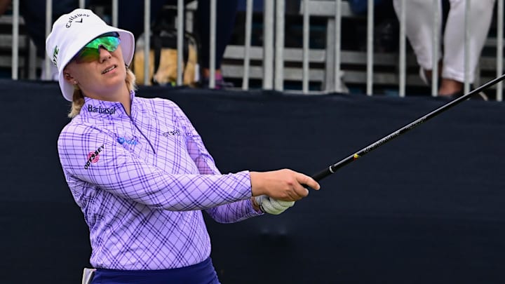 May 29, 2025; Erin, Wisconsin, USA; Madelene Sagstrom tees off at the 1st tee during the first round of the U.S. Women's Open golf tournament. Mandatory Credit: Benny Sieu-Imagn Images