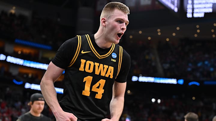 Mar 26, 2026; Houston, TX, USA;Iowa Hawkeyes guard Bennett Stirtz (14) reacts after beating the Nebraska Cornhuskers during a Sweet Sixteen game of the South Regional of the men's 2026 NCAA Tournament at Toyota Center. Mandatory Credit: Maria Lysaker-Imagn Images Mar 26, 2026; Houston, TX, USA;Iowa Hawkeyes guard Bennett Stirtz (14) reacts after beating the Nebraska Cornhuskers during a Sweet Sixteen game of the South Regional of the men's 2026 NCAA Tournament at Toyota Center. Mandatory Credit: Maria Lysaker-Imagn Images