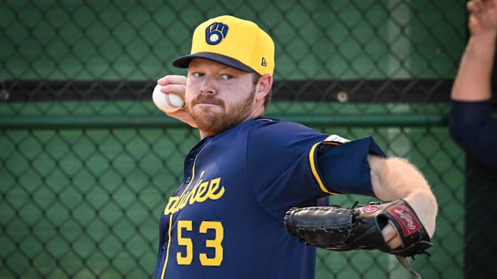 Milwaukee Brewers pitcher Brandon Woodruff (53) throws in the bullpen during spring training workouts on Tuesday, February 18, 2025, at American Family Fields of Phoenix in Phoenix, Arizona.