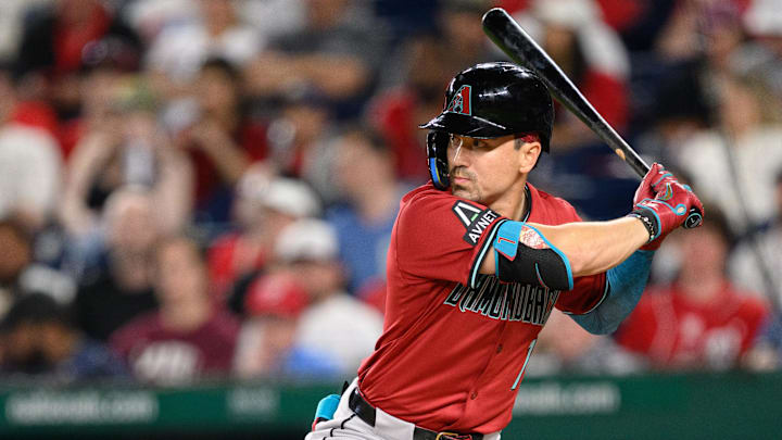 Apr 4, 2025; Washington, District of Columbia, USA; Arizona Diamondbacks outfielder Corbin Carroll (7) at bat during the eighth inning against the Washington Nationals at Nationals Park. Mandatory Credit: Reggie Hildred-Imagn Images