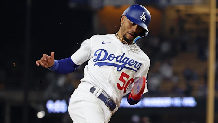 Oct 7, 2023; Los Angeles, California, USA; Los Angeles Dodgers right fielder Mookie Betts (50) runs