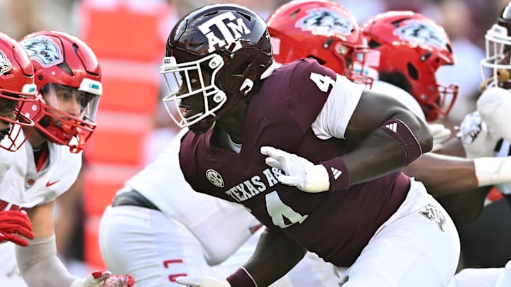 Sep 2, 2023; College Station, Texas, USA; Texas A&M Aggies defensive lineman Shemar Stewart (4) in action during the first half against the New Mexico Lobos at Kyle Field. Mandatory Credit: Maria Lysaker-Imagn Images