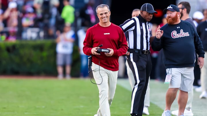 Oct 25, 2025; Columbia, South Carolina, USA; South Carolina Gamecocks head coach Shane Beamer reacts to a play against the Alabama Crimson Tide in the second quarter at Williams-Brice Stadium. Mandatory Credit: Jeff Blake-Imagn Images