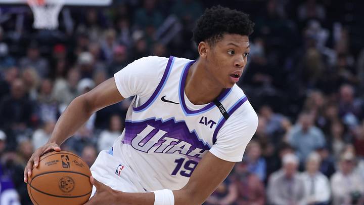 Nov 30, 2025; Salt Lake City, Utah, USA; Utah Jazz guard Ace Bailey (19) looks for the play against the Houston Rockets during the first half at Delta Center. Mandatory Credit: Rob Gray-Imagn Images