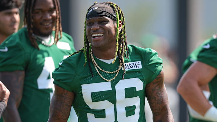 New York Jets' Quincy Williams smiling through training camp. New York Jets' Quincy Williams smiling through training camp.