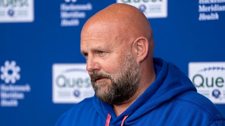 Brian Daboll, head coach of the NY Giants, addresses the press at Quest Diagnostics Training Center, East Rutherford, NJ, May 28, 2025.
