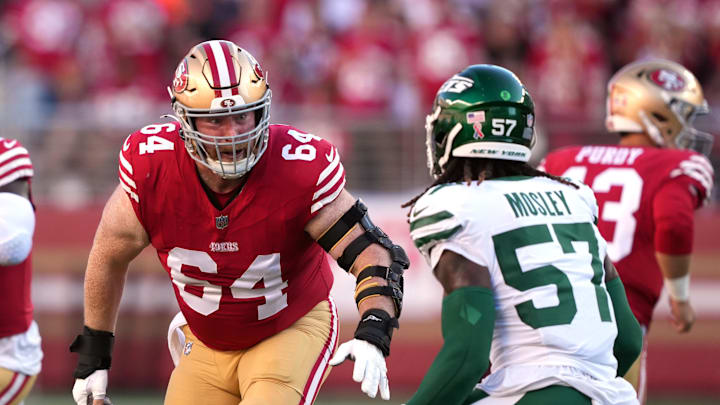 Sep 9, 2024; Santa Clara, California, USA; San Francisco 49ers center Jake Brendel (64) blocks New York Jets linebacker C.J. Mosley (57) during the first quarter at Levi's Stadium.