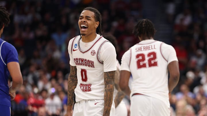 Mar 20, 2026; Tampa, FL, USA; Alabama Crimson Tide guard Labaron Philon (0) reacts after a play in the first half against the Hofstra Pride during a first round game of the men's 2026 NCAA Tournament at Benchmark International Arena. Mandatory Credit: Nathan Ray Seebeck-Imagn Images