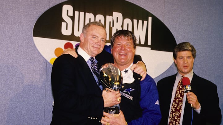 Dallas Cowboys owner Jerry Jones and head coach Jimmy Johnson with the Lombardi trophy after defeating the Buffalo Bills.