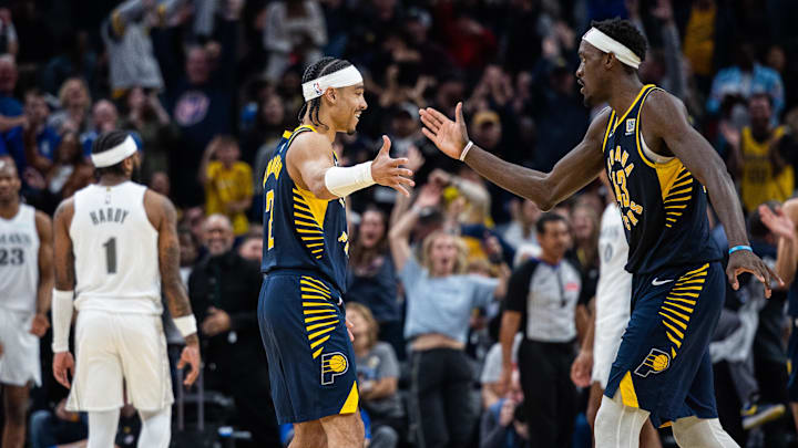 Mar 19, 2025; Indianapolis, Indiana, USA: Indiana Pacers guard Andrew Nembhard (2) celebrates the Go ahead basket with forward Pascal Siakam (43) in the second half against the Dallas Mavericks at Gainbridge Fieldhouse. Mandatory Credit: Trevor Ruszkowski-Imagn Images Mar 19, 2025; Indianapolis, Indiana, USA: Indiana Pacers guard Andrew Nembhard (2) celebrates the Go ahead basket with forward Pascal Siakam (43) in the second half against the Dallas Mavericks at Gainbridge Fieldhouse. Mandatory Credit: Trevor Ruszkowski-Imagn Images