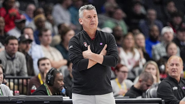 Mar 13, 2025; Charlotte, NC, USA; Stanford Cardinal head coach Kyle Smith during the first half against the Louisville Cardinals at Spectrum Center. Mandatory Credit: Jim Dedmon-Imagn Images