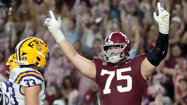 Nov 8, 2025; Tuscaloosa, Alabama, USA; Alabama offensive lineman Wilkin Formby (75) celebrates an Alabama touchdown during the game with LSU at Saban Field at Bryant-Denny Stadium. Mandatory Credit: Gary Cosby Jr.-Imagn Images Nov 8, 2025; Tuscaloosa, Alabama, USA; Alabama offensive lineman Wilkin Formby (75) celebrates an Alabama touchdown during the game with LSU at Saban Field at Bryant-Denny Stadium. Mandatory Credit: Gary Cosby Jr.-Imagn Images