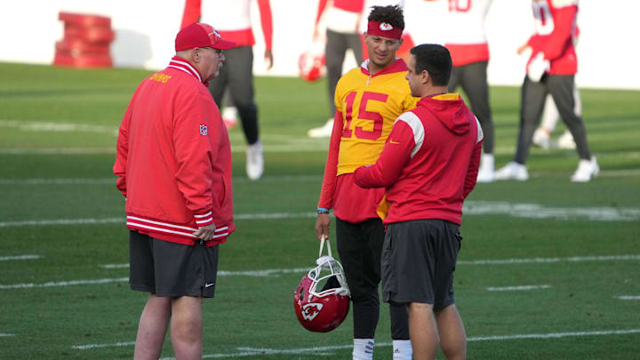 Nov 3, 2023; Frankfurt, Germany; Kansas City Chiefs coach Andy Reid (left), quarterback Patrick Mahomes (15) and wide receivers coach Connor Embree during practice at DFB Campus. Mandatory Credit: Kirby Lee-Imagn Images