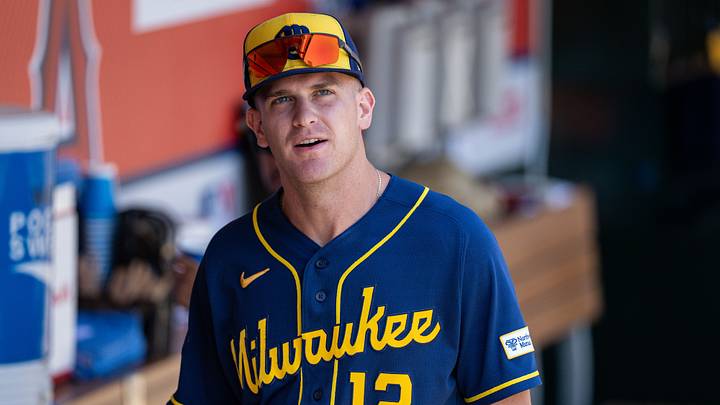 Aug 2, 2026; Anaheim, California, USA; Milwaukee Brewers shortstop Cooper Pratt (12) during pregame warmup before a game against the Los Angeles Angels at Angel Stadium. Mandatory Credit: Jon Endow-Imagn Images Aug 2, 2026; Anaheim, California, USA; Milwaukee Brewers shortstop Cooper Pratt (12) during pregame warmup before a game against the Los Angeles Angels at Angel Stadium. Mandatory Credit: Jon Endow-Imagn Images
