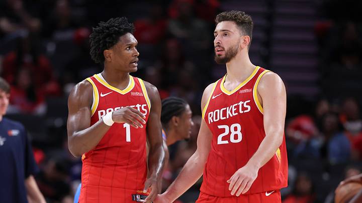 Oct 15, 2026; Houston, Texas, USA; Houston Rockets guard/forward Amen Thompson (1) talks with center Alperen Sengun (28) after a play during the third quarter against the Oklahoma City Thunder at Toyota Center. Mandatory Credit: Troy Taormina-Imagn Images Oct 15, 2026; Houston, Texas, USA; Houston Rockets guard/forward Amen Thompson (1) talks with center Alperen Sengun (28) after a play during the third quarter against the Oklahoma City Thunder at Toyota Center. Mandatory Credit: Troy Taormina-Imagn Images