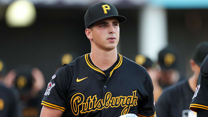 Apr 1, 2025; St. Petersburg, Florida, USA; Pittsburgh Pirates starting pitcher Thomas Harrington (78) walks to to make his major league debut against the Tampa Bay Rays at George M. Steinbrenner Field. Mandatory Credit: Nathan Ray Seebeck-Imagn Images