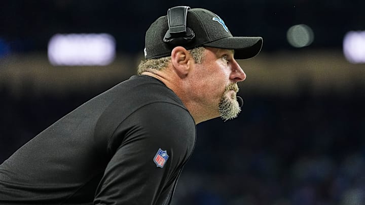 Detroit Lions head coach Dan Campbell looks on before a play against Buffalo Bills during the second half at Ford Field in Detroit on Sunday, Dec. 15, 2024.