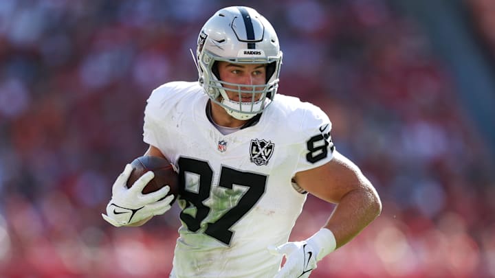 Dec 8, 2024; Tampa, Florida, USA; Las Vegas Raiders tight end Michael Mayer (87) runs with the ball against the Tampa Bay Buccaneers in the second quarter at Raymond James Stadium. Mandatory Credit: Nathan Ray Seebeck-Imagn Images Dec 8, 2024; Tampa, Florida, USA; Las Vegas Raiders tight end Michael Mayer (87) runs with the ball against the Tampa Bay Buccaneers in the second quarter at Raymond James Stadium. Mandatory Credit: Nathan Ray Seebeck-Imagn Images