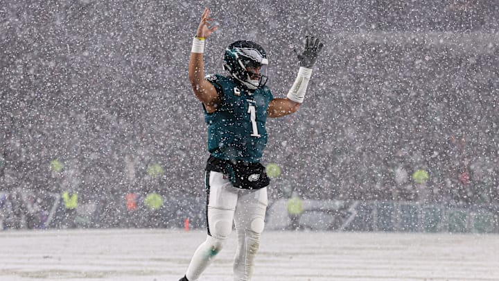 Jan 19, 2025; Philadelphia, Pennsylvania, USA; Philadelphia Eagles quarterback Jalen Hurts (1) reacts during the third quarter against the Los Angeles Rams in a 2025 NFC divisional round game at Lincoln Financial Field. Mandatory Credit: Bill Streicher-Imagn Images