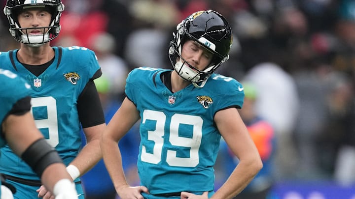 Oct 19, 2025; London, United Kingdom; Jacksonville Jaguars kicker Cam Little (39) reacts after missing a field goal against the Los Angeles Rams during the first half of an NFL International Series game at Wembley Stadium. Mandatory Credit: Kirby Lee-Imagn Images