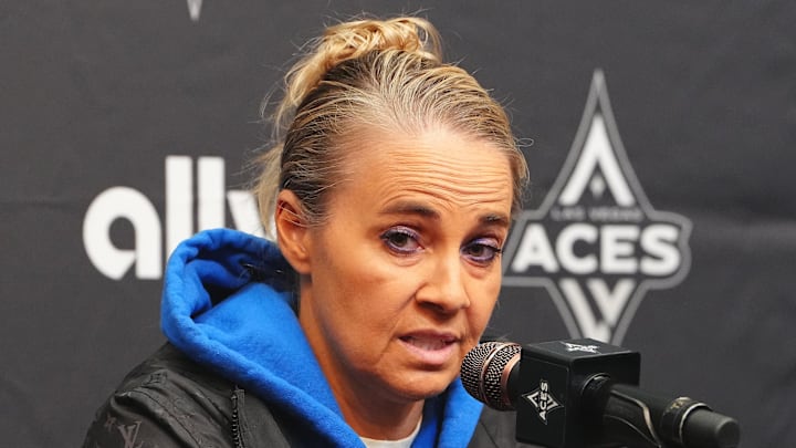 Sep 9, 2025; Las Vegas, Nevada, USA; Las Vegas Aces head coach Becky Hammon holds a presser before a game against the Chicago Sky at T-Mobile Arena. Mandatory Credit: Stephen R. Sylvanie-Imagn Images Sep 9, 2025; Las Vegas, Nevada, USA; Las Vegas Aces head coach Becky Hammon holds a presser before a game against the Chicago Sky at T-Mobile Arena. Mandatory Credit: Stephen R. Sylvanie-Imagn Images