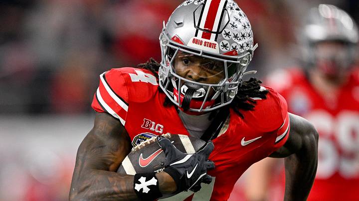 Dec 31, 2025; Arlington, TX, USA; Ohio State Buckeyes wide receiver Jeremiah Smith (4) runs for a touchdown during the 2025 Cotton Bowl and quarterfinal game of the College Football Playoff at AT&T Stadium. Mandatory Credit: Jerome Miron-Imagn Images Dec 31, 2025; Arlington, TX, USA; Ohio State Buckeyes wide receiver Jeremiah Smith (4) runs for a touchdown during the 2025 Cotton Bowl and quarterfinal game of the College Football Playoff at AT&T Stadium. Mandatory Credit: Jerome Miron-Imagn Images