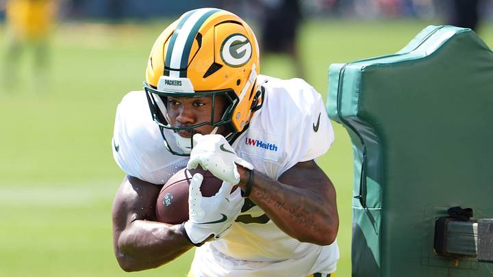 Green Bay Packers running back Josh Jacobs (8) participates in a drill during the fifth day of training camp on Aug. 3, 2026, at Ray Nitschke Field in Ashwaubenon, Wis.