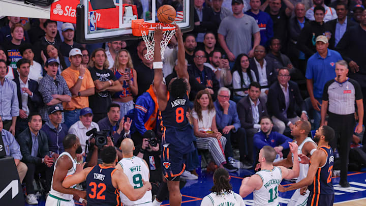 May 12, 2025; New York, New York, USA; Boston Celtics center Kristaps Porzingis (8) lays the ball in for a basket in the second half during game four of the second round for the 2025 NBA Playoffs against the Boston Celtics at Madison Square Garden. Mandatory Credit: Vincent Carchietta-Imagn Images