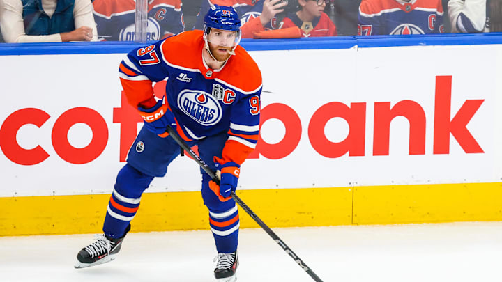 Jun 14, 2025; Edmonton, Alberta, CAN; Edmonton Oilers center Connor McDavid (97) controls the puck against the Florida Panthers during the second period in game five of the 2025 Stanley Cup Final at Rogers Place. Mandatory Credit: Sergei Belski-Imagn ImagesC
