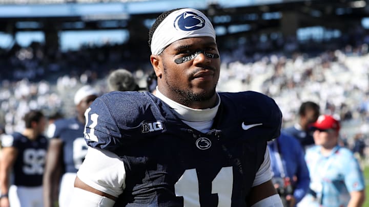 Oct 5, 2024; University Park, Pennsylvania, USA; Penn State Nittany Lions defensive end Abdul Carter (11) walks off the field following the game against the UCLA Bruins at Beaver Stadium. Mandatory Credit: Matthew O'Haren-Imagn Images