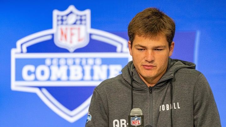 Mar 1, 2024; Indianapolis, IN, USA; North Carolina quarterback Drake Maye (QB04) talks to the media
