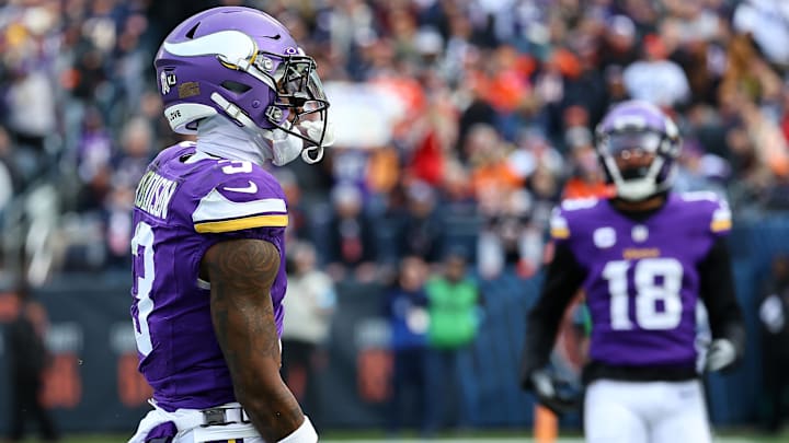 Nov 24, 2024; Chicago, Illinois, USA; Minnesota Vikings wide receiver Jordan Addison (3) reacts after a touchdown catch against the Chicago Bears during the second quarter at Soldier Field.