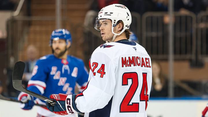 Apr 5, 2026; New York, New York, USA; Washington Capitals left wing Connor McMichael (24) skates against the New York Rangers during the first period at Madison Square Garden. Mandatory Credit: Danny Wild-Imagn Images