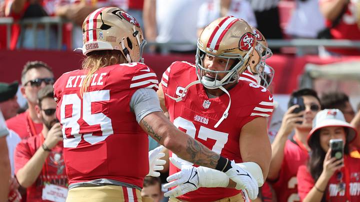 Nov 10, 2024; Tampa, Florida, USA; San Francisco 49ers tight end George Kittle (85) and defensive end Nick Bosa (97) prior to the game against the Tampa Bay Buccaneers at Raymond James Stadium. Mandatory Credit: Kim Klement Neitzel-Imagn Images Nov 10, 2024; Tampa, Florida, USA; San Francisco 49ers tight end George Kittle (85) and defensive end Nick Bosa (97) prior to the game against the Tampa Bay Buccaneers at Raymond James Stadium. Mandatory Credit: Kim Klement Neitzel-Imagn Images