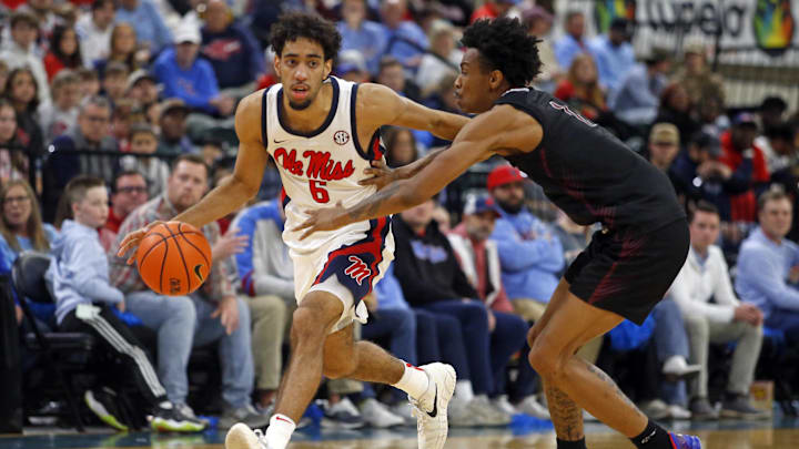 Dec 17, 2025; Tupelo, Mississippi, USA; Mississippi Rebels guard Ilias Kamardine (6) dribbles as Alabama A&M Bulldogs guard Koron Davis (1) defends during the second half at Cadence Bank Arena. Mandatory Credit: Petre Thomas-Imagn Images Dec 17, 2025; Tupelo, Mississippi, USA; Mississippi Rebels guard Ilias Kamardine (6) dribbles as Alabama A&M Bulldogs guard Koron Davis (1) defends during the second half at Cadence Bank Arena. Mandatory Credit: Petre Thomas-Imagn Images
