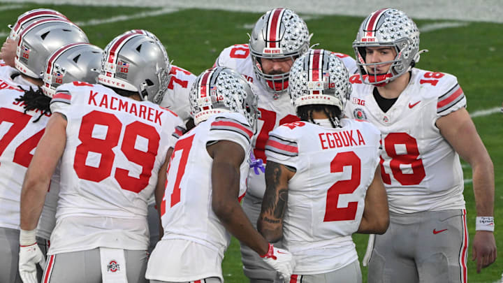 Jan 1, 2025; Pasadena, CA, USA; Ohio State Buckeyes quarterback Will Howard (18) calls a play in the huddle during the third quarter against the Oregon Ducks at Rose Bowl Stadium. Jan 1, 2025; Pasadena, CA, USA; Ohio State Buckeyes quarterback Will Howard (18) calls a play in the huddle during the third quarter against the Oregon Ducks at Rose Bowl Stadium.