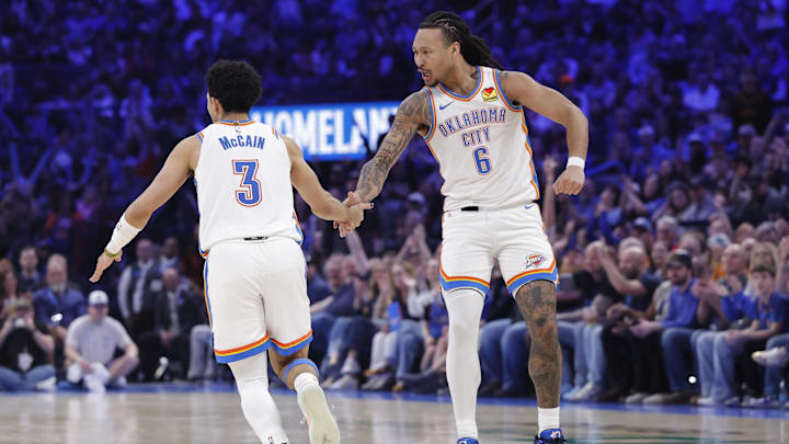 Feb 12, 2026; Oklahoma City, Oklahoma, USA; Oklahoma City Thunder forward Jaylin Williams (6) and guard Jared McCain (3) celebrate after a play against the Milwaukee Bucks during the second half at Paycom Center. Mandatory Credit: Alonzo Adams-Imagn Images
