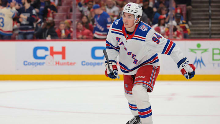 Apr 13, 2026; Sunrise, Florida, USA; New York Rangers right wing Gabe Perreault (94) looks on after scoring against the Florida Panthers during the second period at Amerant Bank Arena. Mandatory Credit: Sam Navarro-Imagn Images