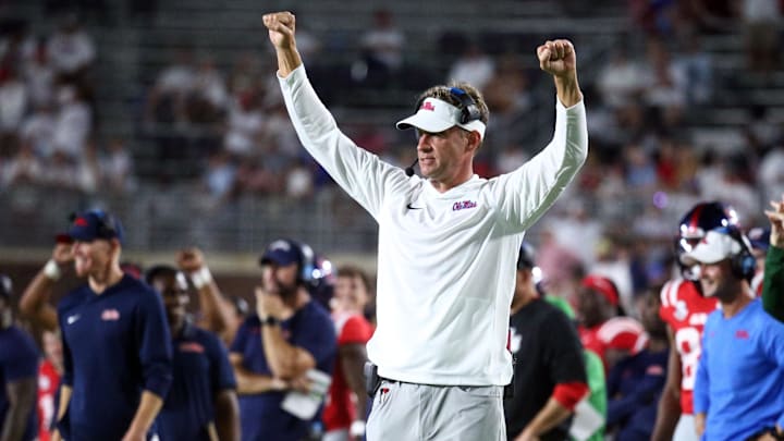 Mississippi Rebels head coach Lane Kiffin gestures during the fourth quarter against the Georgia State Panthers at Vaught-Hemingway Stadium.