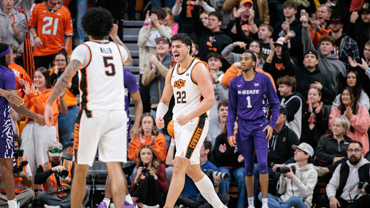Jan 17, 2026; Stillwater, Oklahoma, USA; Parsa Fallah (22) of the Oklahoma State Cowboys reacts after a play during the second half against the Kansas State Wildcats at Gallagher-Iba Arena. Mandatory Credit: William Purnell-Imagn Images