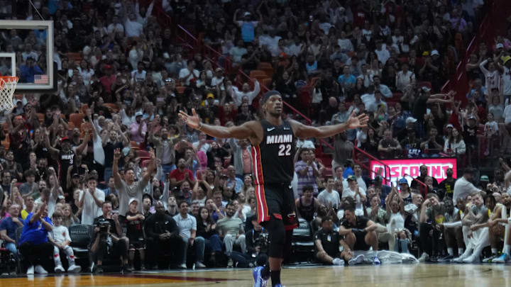 Mar 2, 2024; Miami, Florida, USA; Miami Heat forward Jimmy Butler (22) celebrates as the Heat pull away late in the fourth period at Kaseya Center. Mandatory Credit: Peter Joneleit-USA TODAY Sports