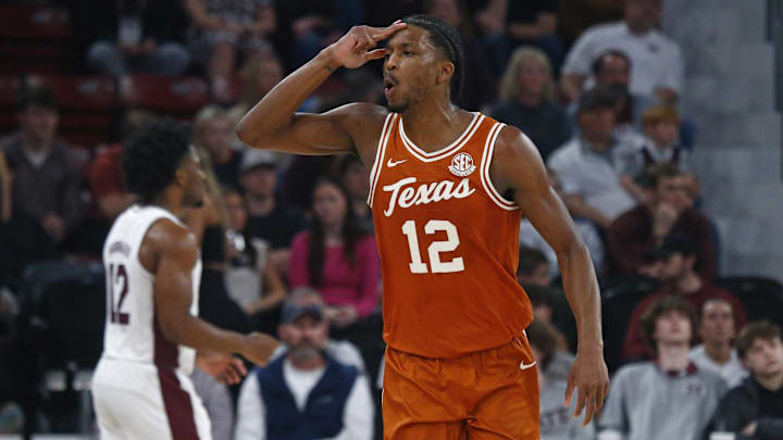Mar 4, 2025; Starkville, Mississippi, USA; Texas Longhorns guard Tramon Mark (12) reacts during the second half against the Mississippi State Bulldogs at Humphrey Coliseum. Mandatory Credit: Petre Thomas-Imagn Images Mar 4, 2025; Starkville, Mississippi, USA; Texas Longhorns guard Tramon Mark (12) reacts during the second half against the Mississippi State Bulldogs at Humphrey Coliseum. Mandatory Credit: Petre Thomas-Imagn Images