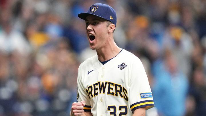 Oct 23, 2026; Milwaukee, Wisconsin, USA;  Milwaukee Brewers pitcher Jacob Misiorowski (32) reacts after pitching against the Tampa Bay Rays during the second inning in game one of the 2026 World Series at American Family Field.  Mandatory Credit: Michael McLoone-Imagn Images