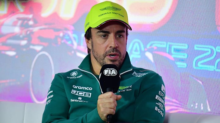 Nov 15, 2023; Las Vegas, Nevada, USA; Aston Martin driver Fernando Alonso of Spain speaks during Nov 15, 2023; Las Vegas, Nevada, USA; Aston Martin driver Fernando Alonso of Spain speaks during