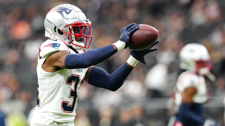 Oct 15, 2023; Paradise, Nevada, USA; New England Patriots cornerback Jonathan Jones (31) warms up before a game against the Las Vegas Raiders at Allegiant Stadium. Mandatory Credit: Stephen R. Sylvanie-Imagn Images