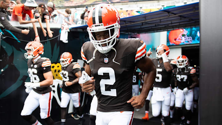 Sep 15, 2024; Jacksonville, Florida, USA;  Cleveland Browns wide receiver Amari Cooper (2) runs onto the field before a game against the Jacksonville Jaguars at EverBank Stadium.