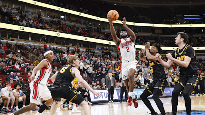 Mar 12, 2026; Chicago, IL, USA; Ohio State Buckeyes guard Bruce Thornton (2) goes to the basket against the Iowa Hawkeyes during the second half at United Center. Mandatory Credit: Kamil Krzaczynski-Imagn Images