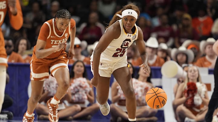 Mar 8, 2026; Greenville, SC, USA; South Carolina Gamecocks guard Raven Johnson (25) brings the ball up court aagainst the Texas Longhorns during the second half at Bon Secours Wellness Arena. Mandatory Credit: Jim Dedmon-Imagn Images