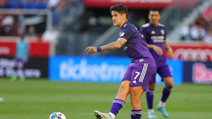Aug 13, 2022; Harrison, New Jersey, USA; Orlando City SC forward Alexandre Pato (7) passes the ball